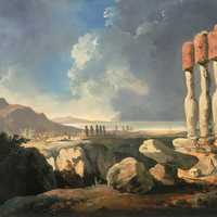 Painting of the monuments on Easter Island, Chile