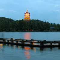 Hangzhou Tower on west lake at night landscape