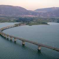 Lake Polyfytos Bridge crossing the lake landscape in Kozani, Greece