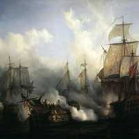British HMS Sandwich fires to the French flagship Bucentaure at the Battle of Trafalgar