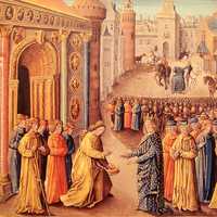 Raymond of Poitiers welcoming Louis VII in Antioch during the Crusades