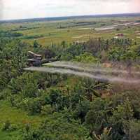 U.S. helicopter spraying chemical defoliants in the Mekong Delta during the Vietnam War