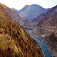 Mountain and valley landscape with river in Pakistan