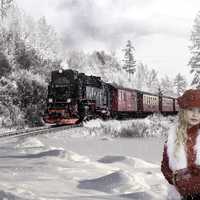 Young Girl in snow and train