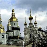 St. Pokrovsky Cathedral with bell tower and Ozeryanskaya church in Kharkiv, Ukraine