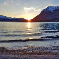 Sunset over upper twin lake at Lake Clark, Alaska