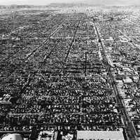 Black and white view of Los Angeles from the Wing