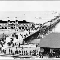 Long Beach pier, 1905 with people and buildings in the Greater Los Angeles Area, California