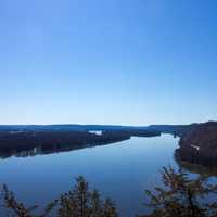 Landscape of the wide gaping Mississippi at Effigy Mounds, Iowa