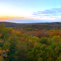 Sunset in the autumn forest at Porcupine Mountains