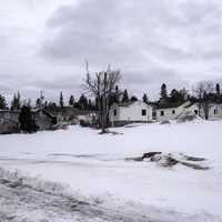 Houses and village in the snow in Grand Marais, Minnesota