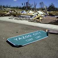 Yazoo City sign after April 24, 2010 tornado wreckage and damage in Mississippi