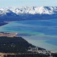 Snow-capped Mountains landscape and the bay of Lake Tahoe