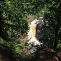Far view of Brownstone Falls at Copper Falls State Park, Wisconsin