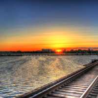 Sunset over the train tracks by the lake in Madison, Wisconsin