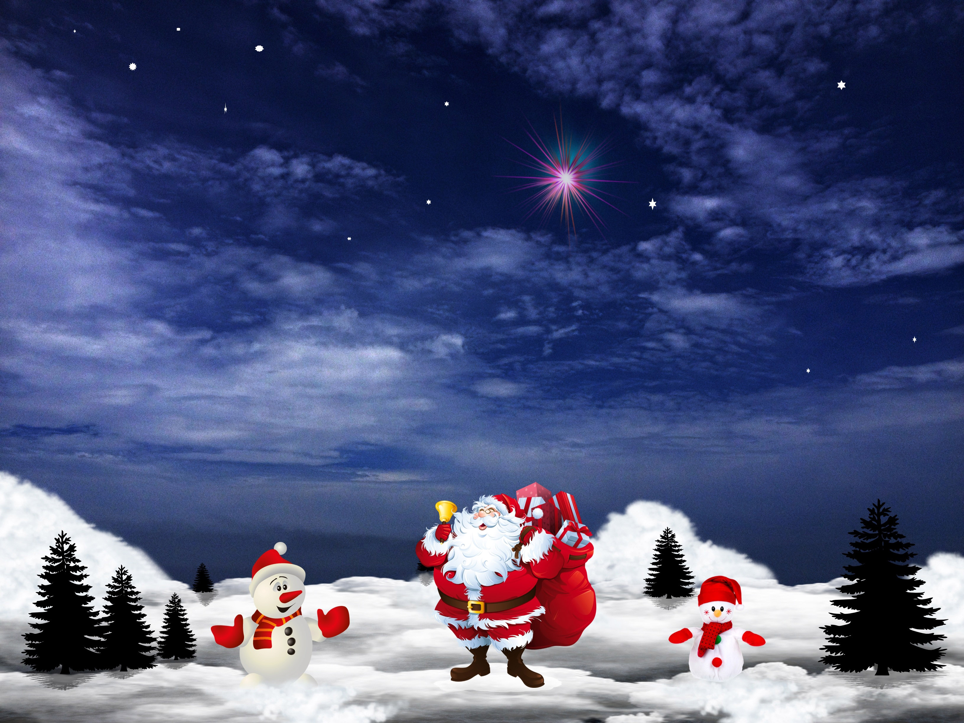 Santa Claus and two snowmen on Christmas Eve image Free stock photo